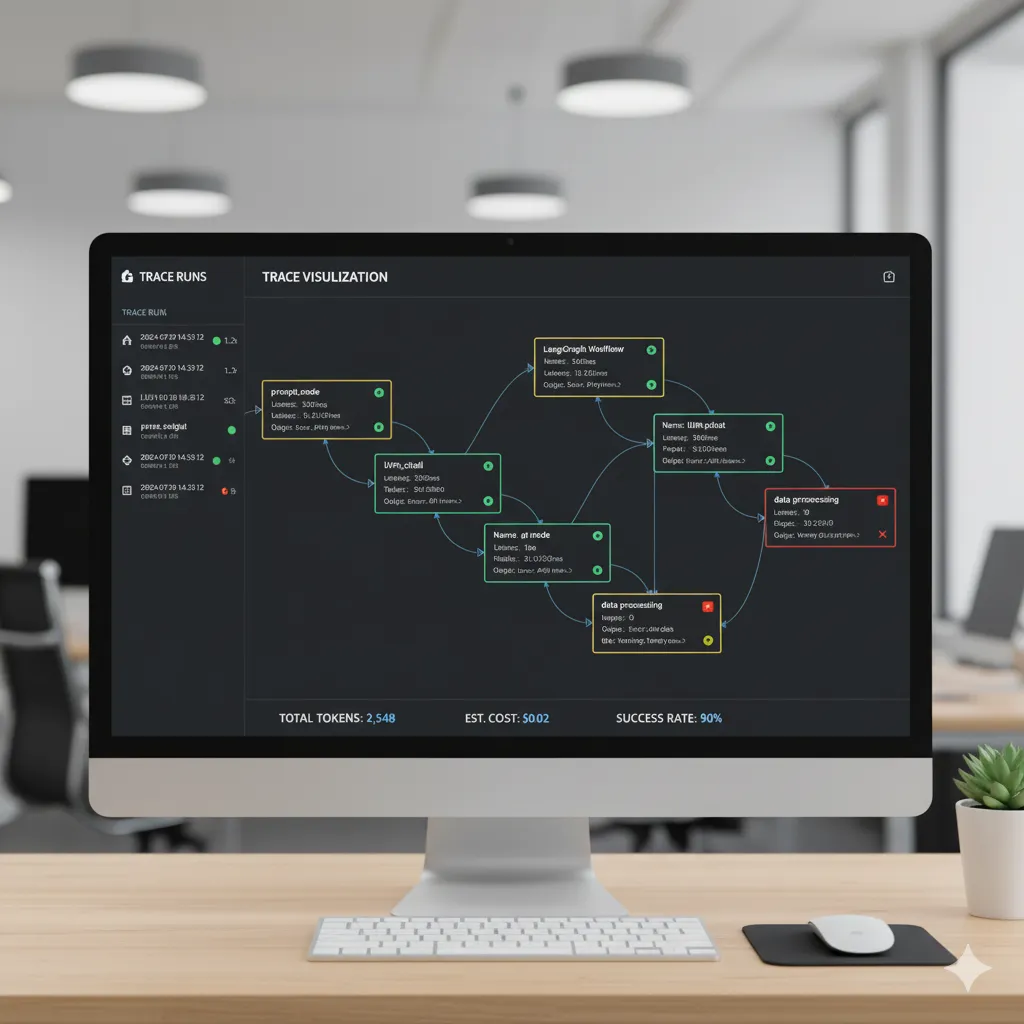 Screenshot dashboard LangSmith mostrando traces de ejecuciones LangGraph con latency, token usage, y flujo de decisiones paso a paso