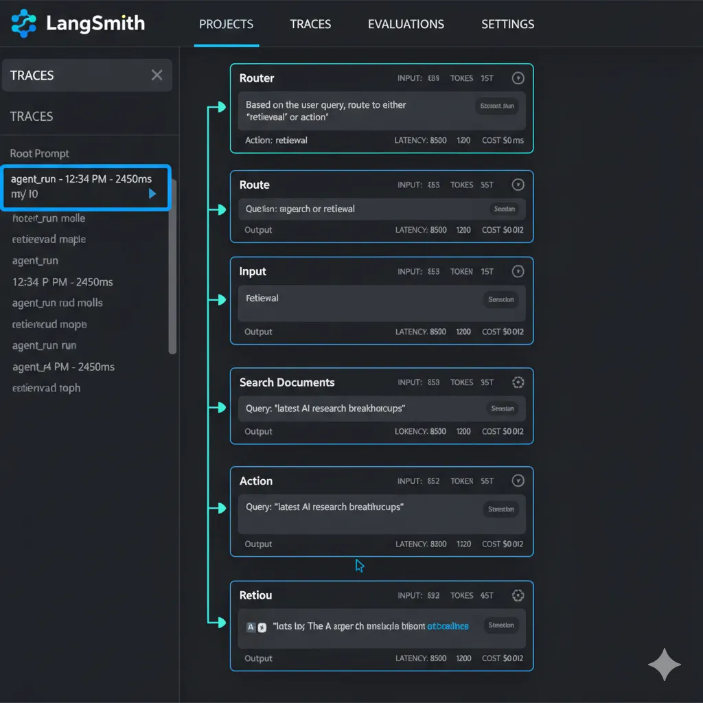 Screenshot LangSmith UI mostrando trace completo de agent execution. Nodes expandidos showing input/output de cada LLM call, tool calls, state changes, latency breakdown por step.