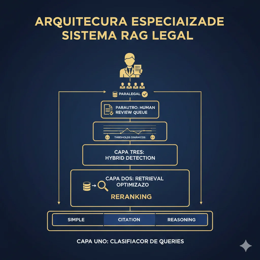 Arquitectura completa del sistema RAG legal con 4 etapas: clasificación query, retrieval optimizado, hybrid detection y human review para casos de riesgo alto