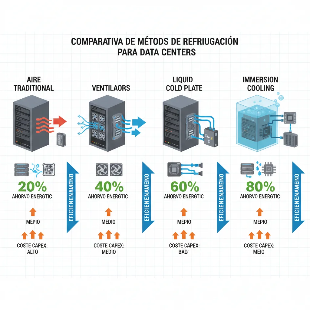 Comparativa visual de métodos de refrigeración para data centers mostrando aire tradicional, liquid cold plate, direct-to-chip y immersion cooling con porcentajes de ahorro energético y costes CAPEX