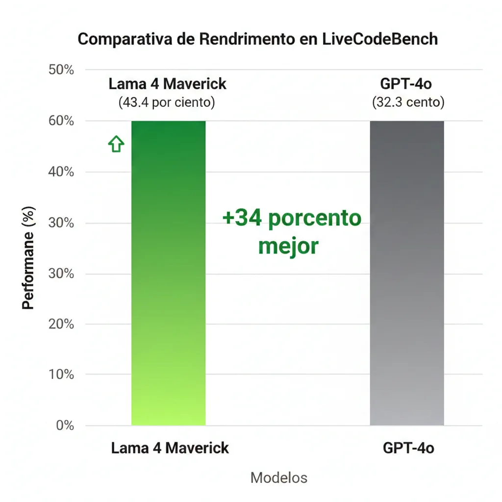 Gráfico de barras comparativo mostrando performance benchmarks de Llama 4 Maverick (43.4 por ciento) versus GPT-4o (32.3 por ciento) en LiveCodeBench con diseño técnico profesional