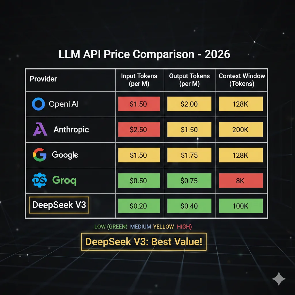 Tabla comparativa de precios de APIs LLM en 2026 mostrando OpenAI GPT Claude Anthropic Groq Together DeepSeek