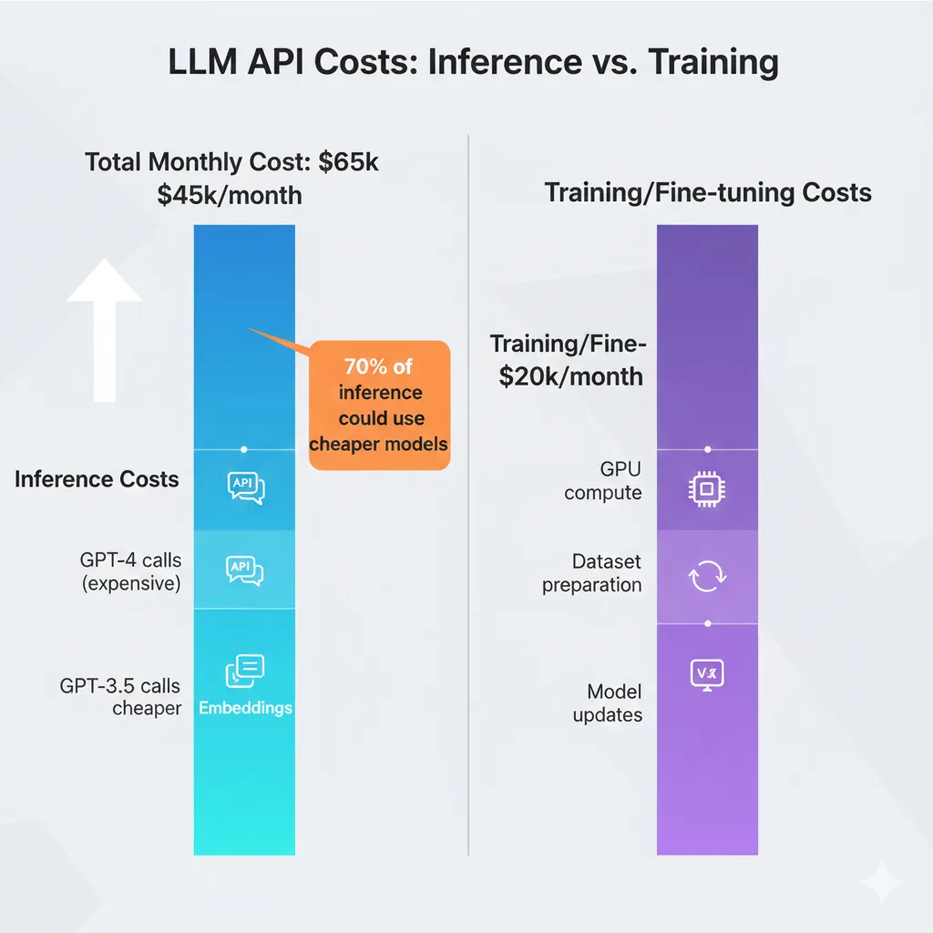 Desglose comparativo costes LLM inference vs training mostrando API calls dominan long-term 70% spend vs one-time training 30% con breakdown OpenAI Azure pricing models