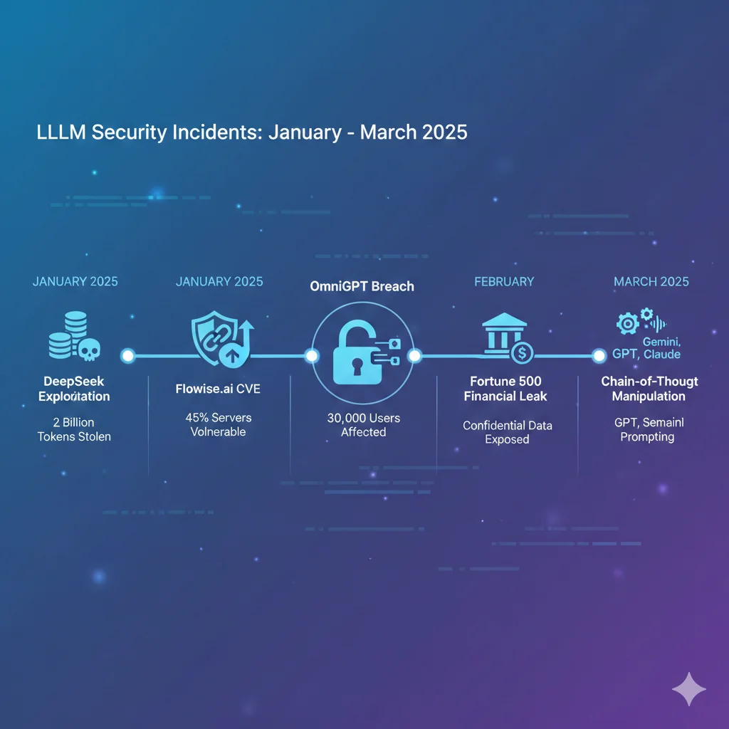 Línea de tiempo visual de incidentes de seguridad LLM en 2025 desde enero hasta marzo mostrando OmniGPT breach, DeepSeek exploitation, Flowise CVE, Fortune 500 leak y Chain-of-Thought manipulation con fechas y métricas de impacto