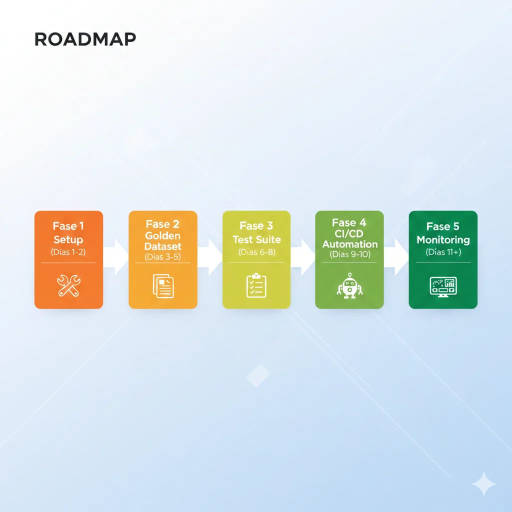Roadmap visual de implementación de testing LLM en 5 fases: setup, golden dataset, evaluation framework, CI/CD automation y monitoring production