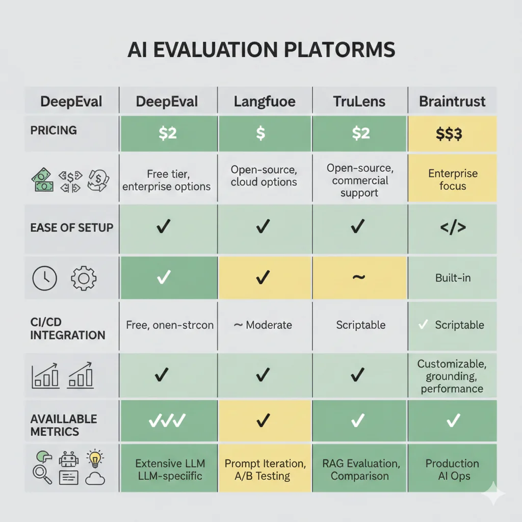 Tabla comparativa visual de frameworks de testing LLM: DeepEval, Langfuse, Promptfoo, TruLens y Braintrust con features, pricing y use cases
