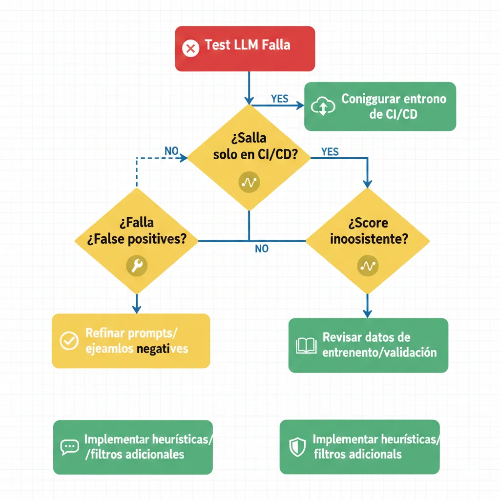 Árbol de decisión para diagnosticar fallos en tests LLM: desde síntoma inicial hasta root cause y solución