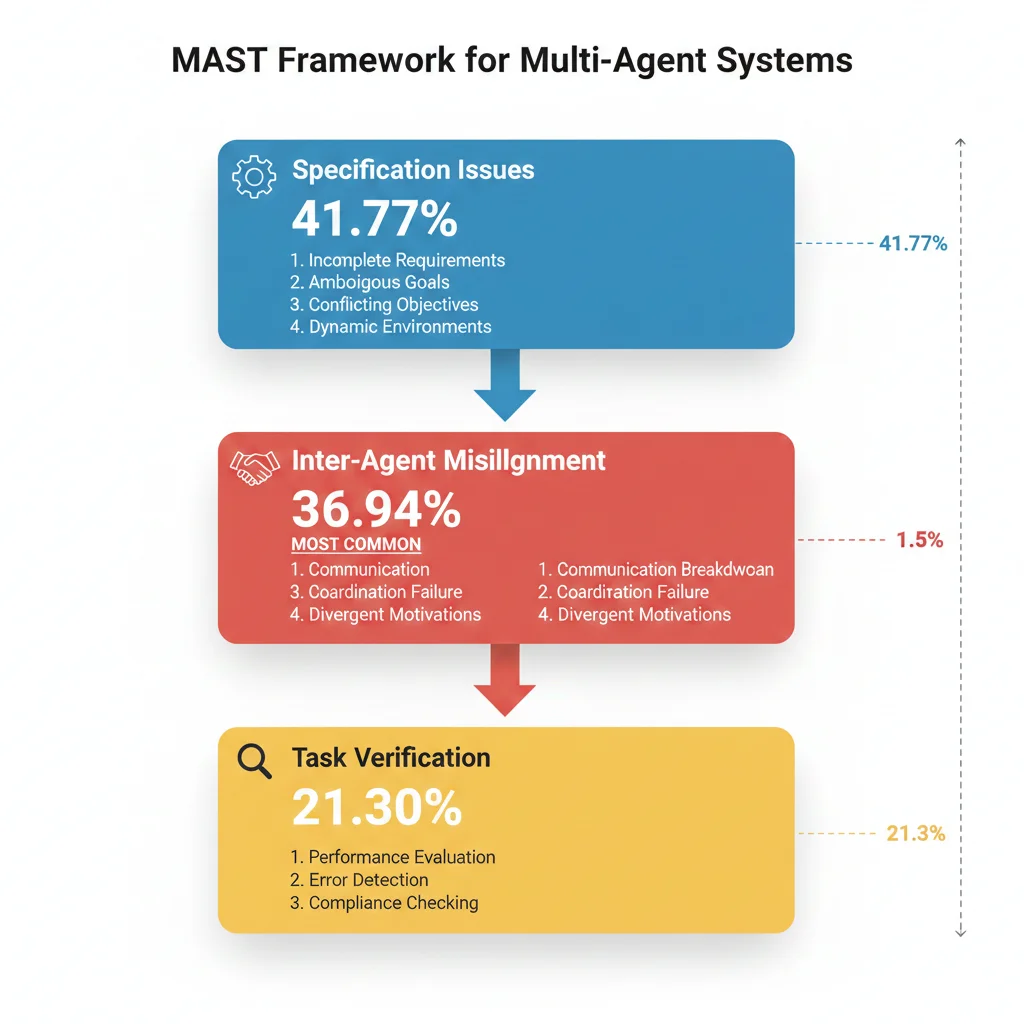 Diagrama del Framework MAST mostrando 14 modos de fallo clasificados en tres categorías: Specification Issues (41.77%), Inter-Agent Misalignment (36.94%), y Task Verification (21.30%)