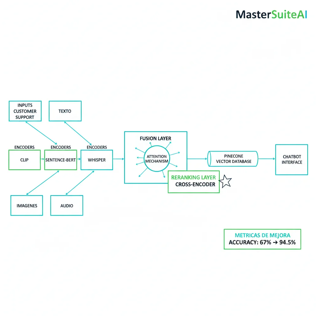 Diagrama arquitectura MasterSuiteAI mostrando CLIP para imágenes, Sentence-BERT para texto, Whisper para audio convergiendo en fusion layer con reranking cross-encoder final