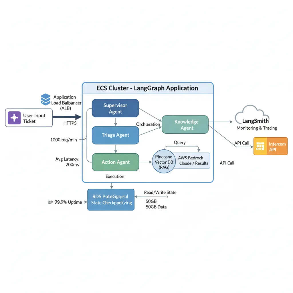 Diagrama arquitectura completa sistema multi-agente MasterSuiteAI con supervisor coordinando triage, knowledge retrieval con Pinecone, y action agents, desplegado en AWS ECS con RDS y monitoring LangSmith