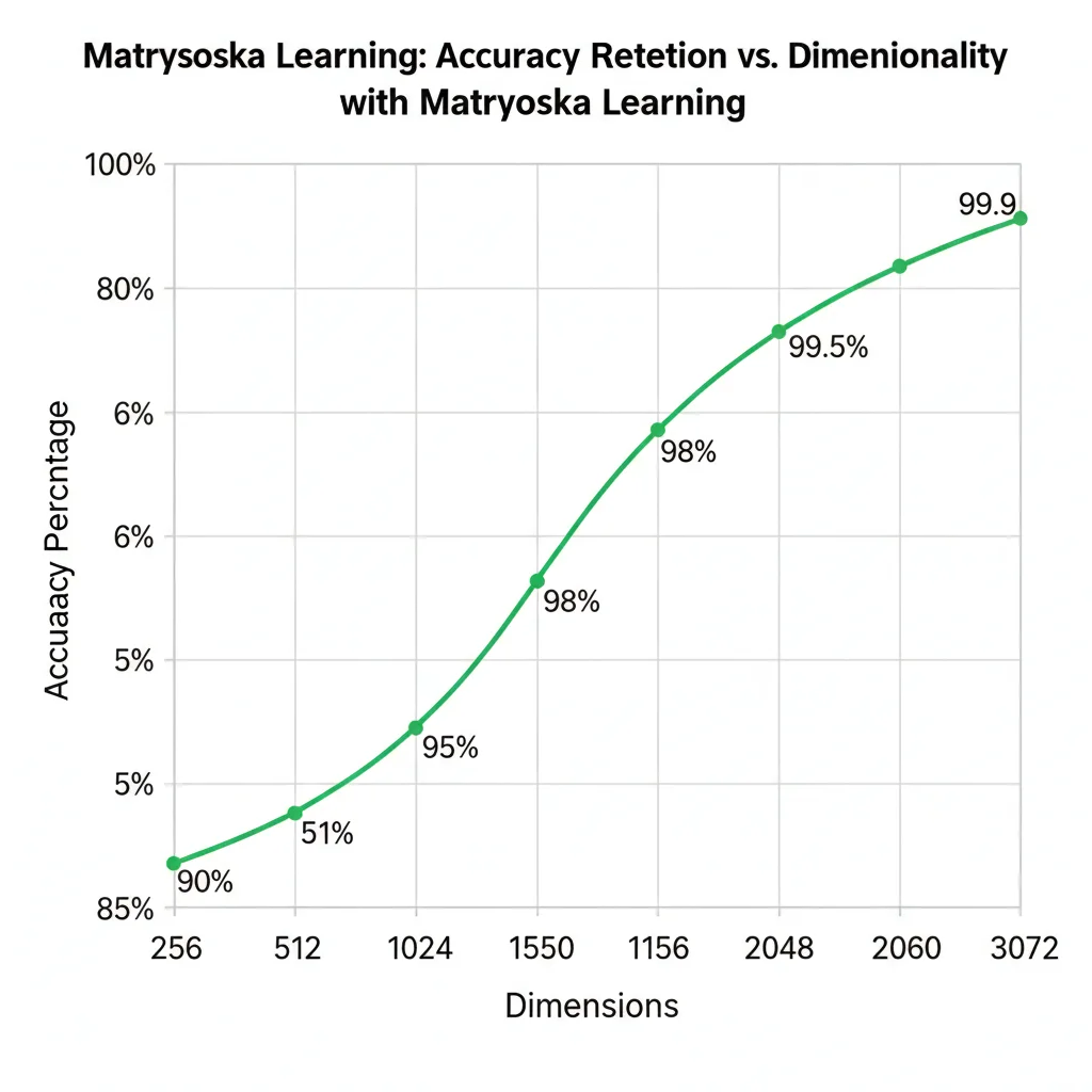 Gráfico mostrando accuracy retention vs dimensionalidad con Matryoshka learning: 1536 dims 100%, 1024 dims 98%, 512 dims 95%, 256 dims 90%, ilustrando sweet spot cost-performance en 512 dims