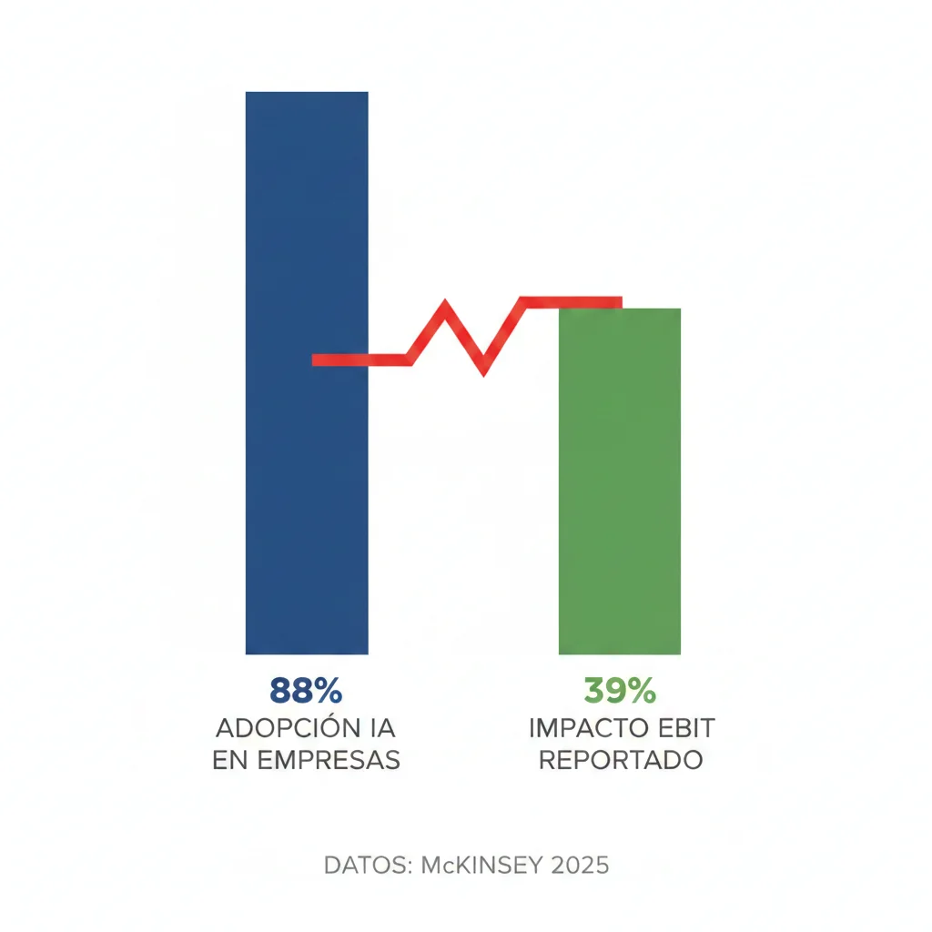 Gráfico mostrando brecha entre 88% adopción IA versus solo 39% reportando impacto EBIT, datos McKinsey 2025
