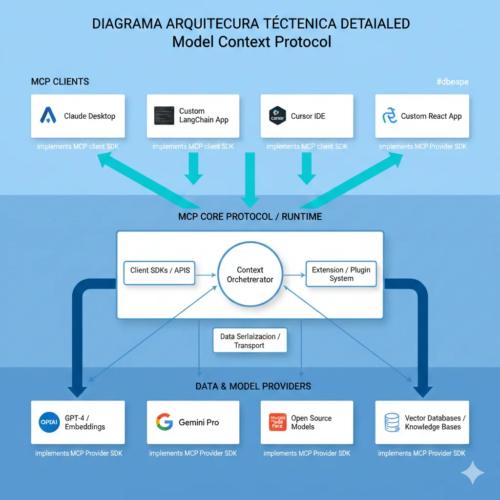 Diagrama arquitectura Model Context Protocol mostrando 3 capas: MCP Hosts (Claude Desktop, IDEs, apps custom) en la parte superior, conectados mediante flechas bidireccionales a MCP Clients (capa intermedia con adaptadores), que a su vez se conectan a MCP Servers (Slack, GitHub, Postgres, Google Drive, APIs custom) en la parte inferior, todo usando transporte JSON-RPC