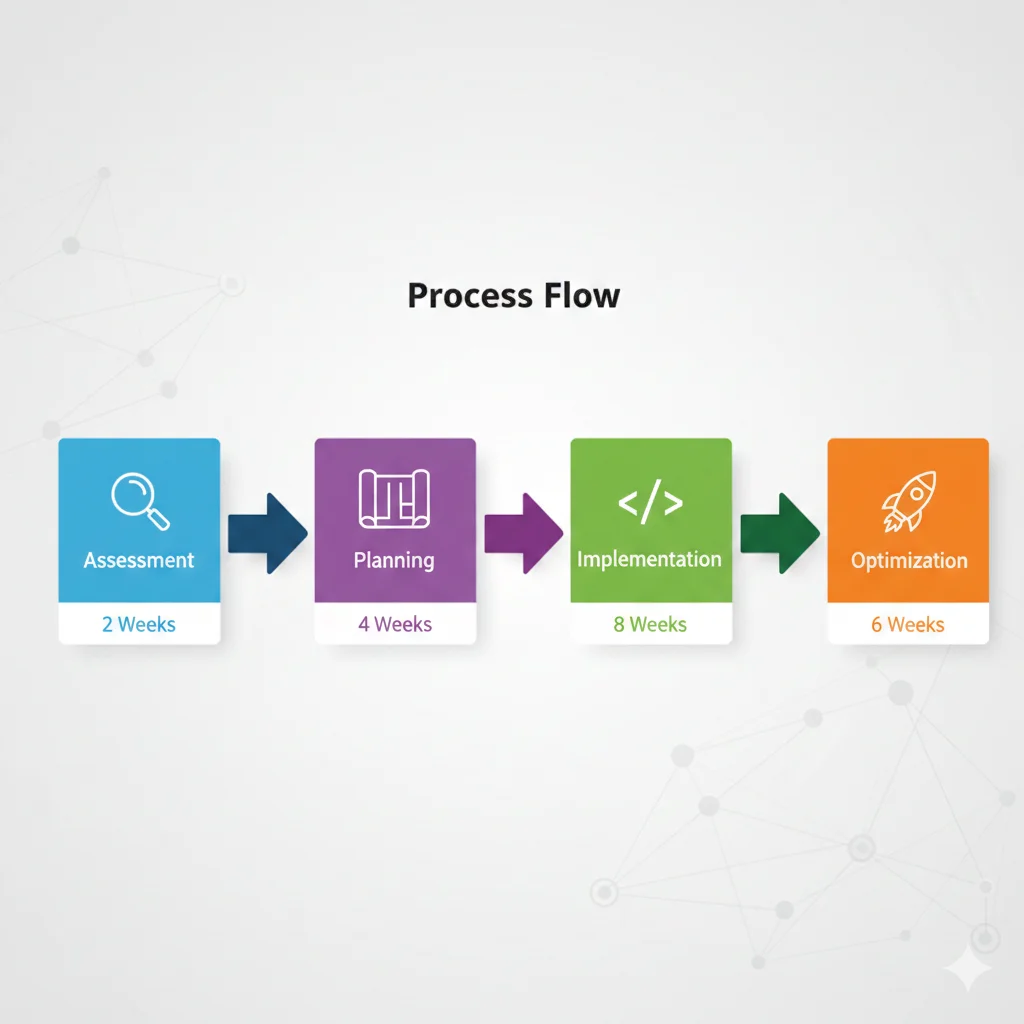 Diagrama fases migración LangChain: Assessment 2 semanas, Planning 2 semanas, Implementation 4-6 semanas, Optimization 2 semanas