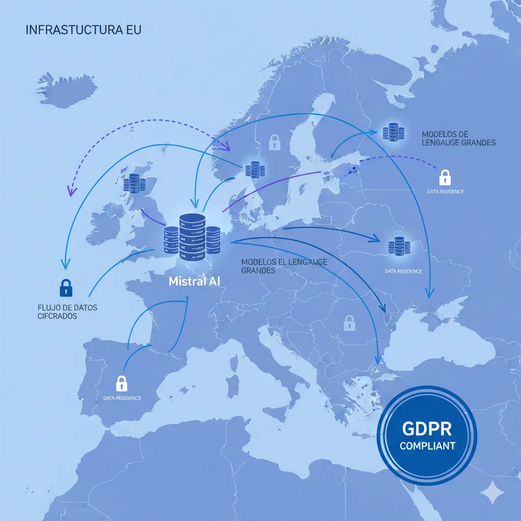 Diagrama de deployment Mistral en infraestructura europea mostrando data residency UE, GDPR compliance y arquitectura multi-región con colores azul y morado