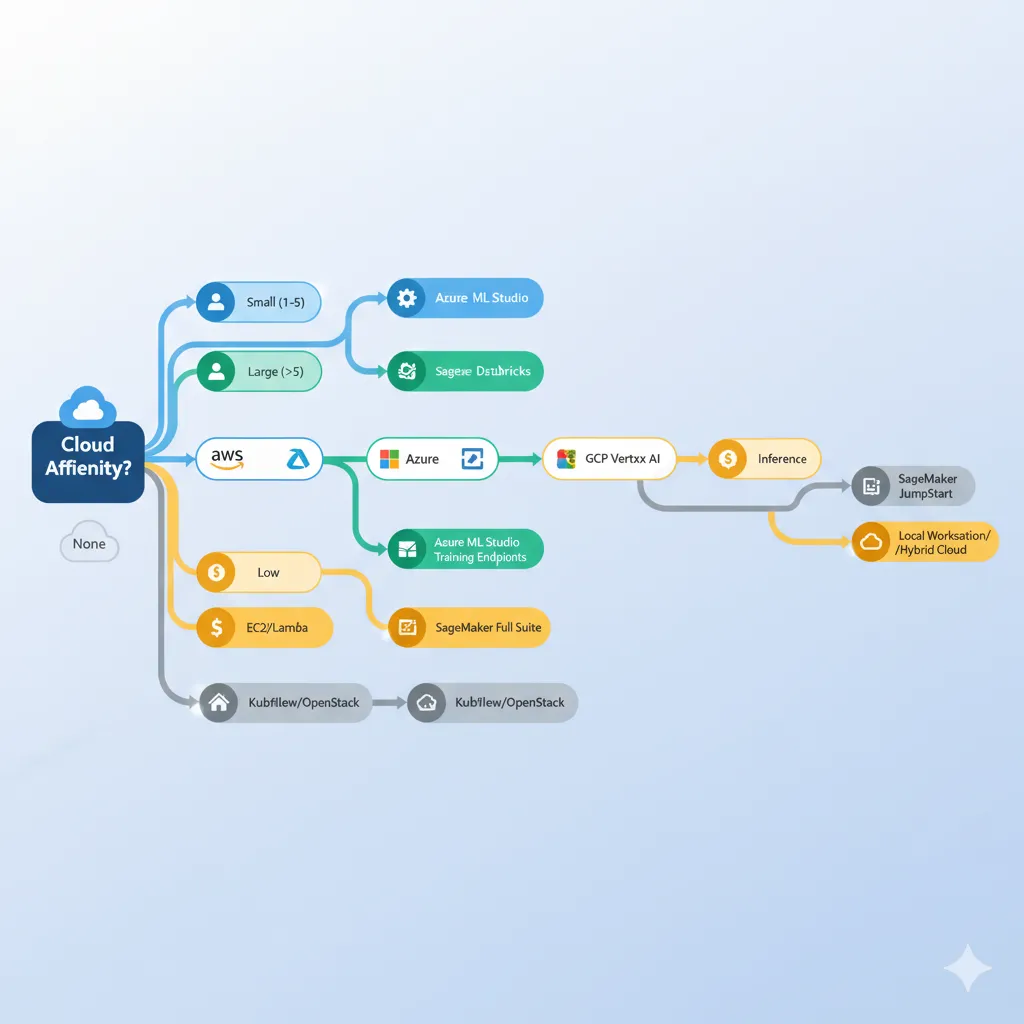 Flowchart decision tree interactivo para elegir entre AWS SageMaker Azure ML y Vertex AI basado en cloud affinity team size workload type y budget constraints