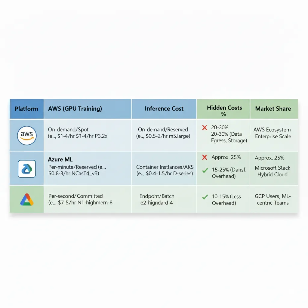 Tabla comparativa AWS SageMaker vs Azure ML vs Vertex AI 2025 mostrando pricing GPU training, inference costs, hidden costs breakdown y market share