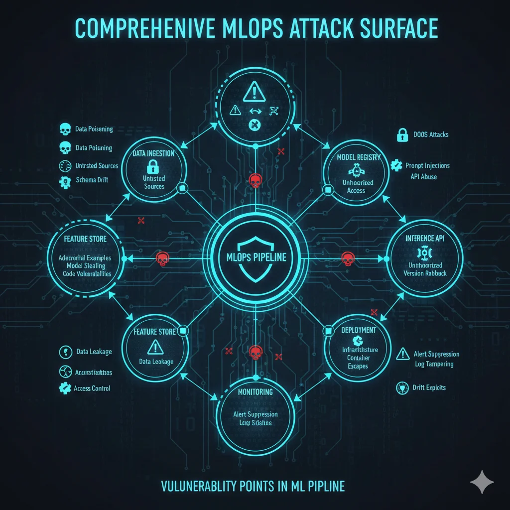 Mapa mental mostrando superficie de ataque MLOps completa: frameworks vulnerables, deserialization exploits, supply chain, containers, authentication