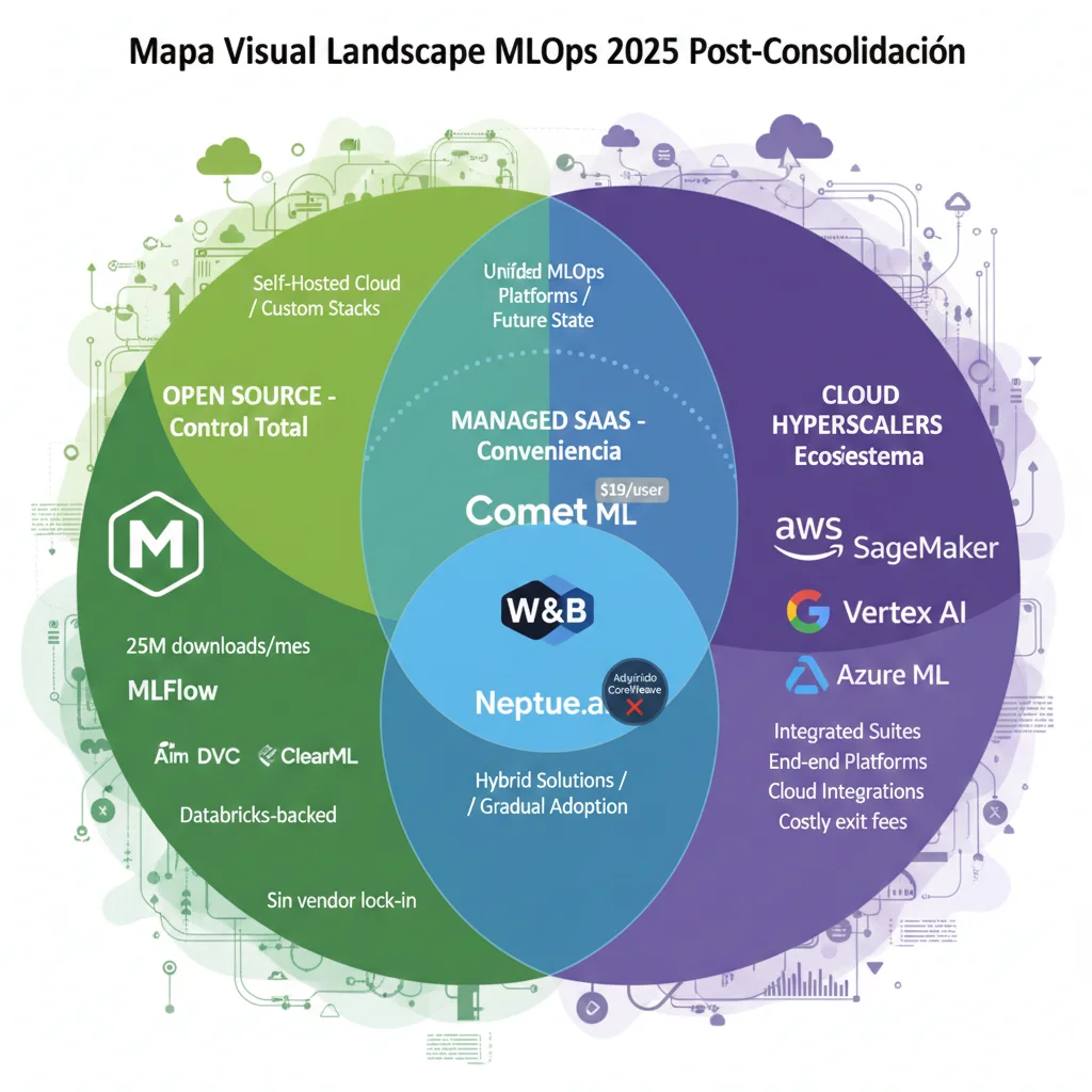 Mapa visual del landscape MLOps 2025 mostrando categorías de herramientas: open source, managed SaaS, cloud native platforms