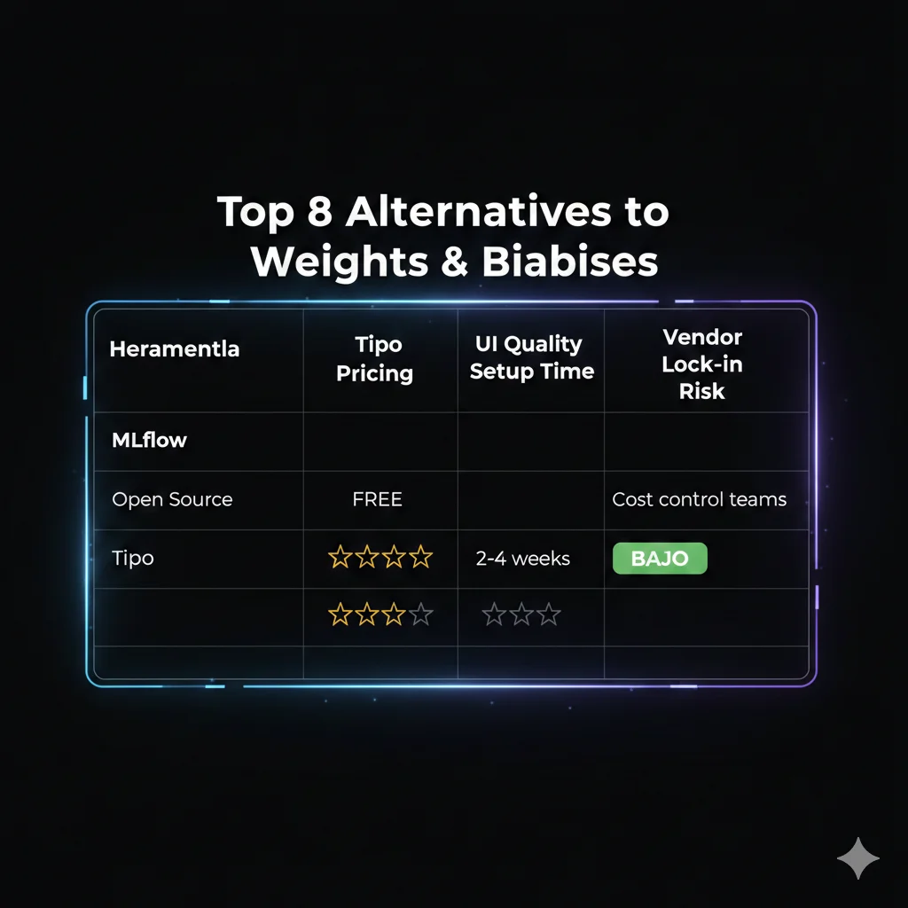 Tabla comparativa completa de herramientas MLOps mostrando features, pricing, vendor lock-in risk, y casos de uso ideales