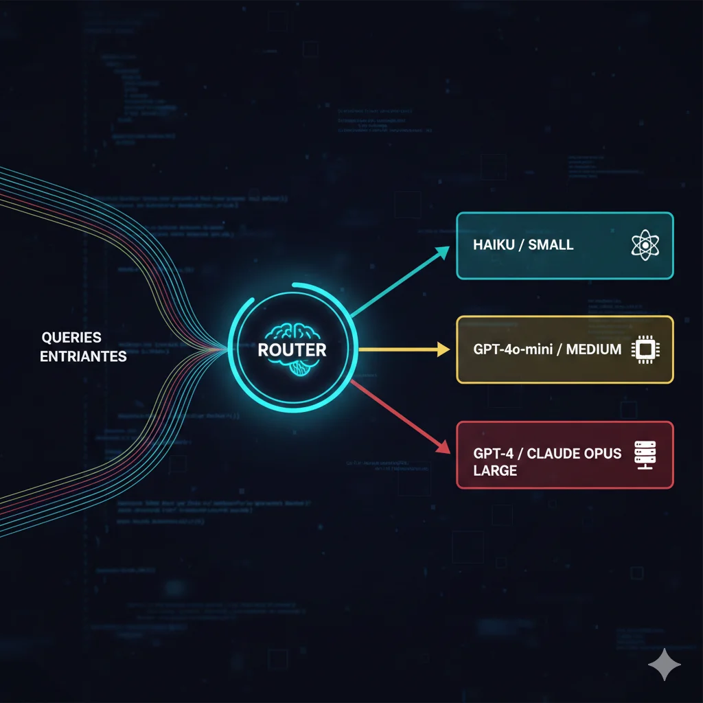 Arquitectura de model routing mostrando router inteligente distribuyendo queries entre modelos pequeños, medianos y grandes según complejidad