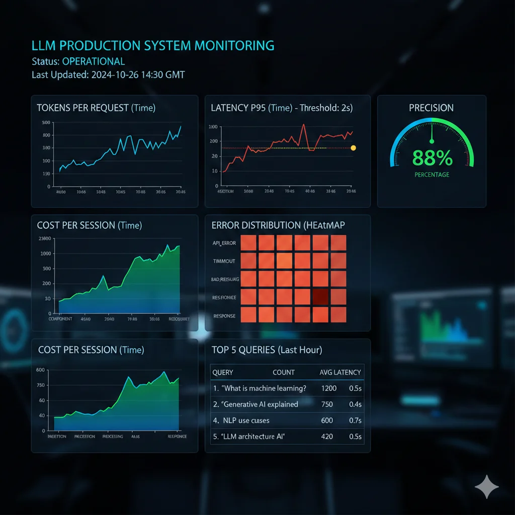 Dashboard de monitoreo de sistema LLM mostrando 6 paneles con métricas clave: tokens latency accuracy costo errores y queries costosas
