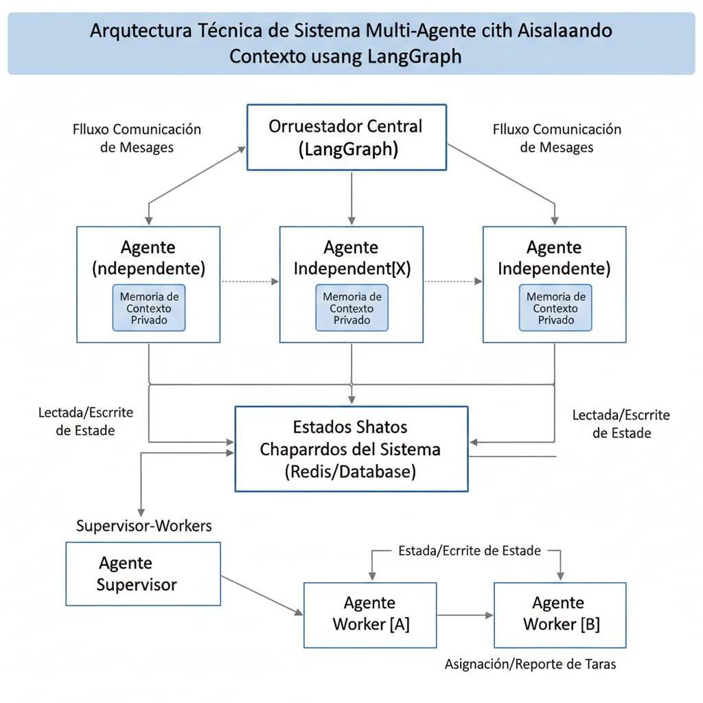 Arquitectura multi-agente mostrando supervisor coordinando 4 agentes especializados (research, analysis, writing, validation) cada uno con contexto aislado limitado a 2000 tokens máximo