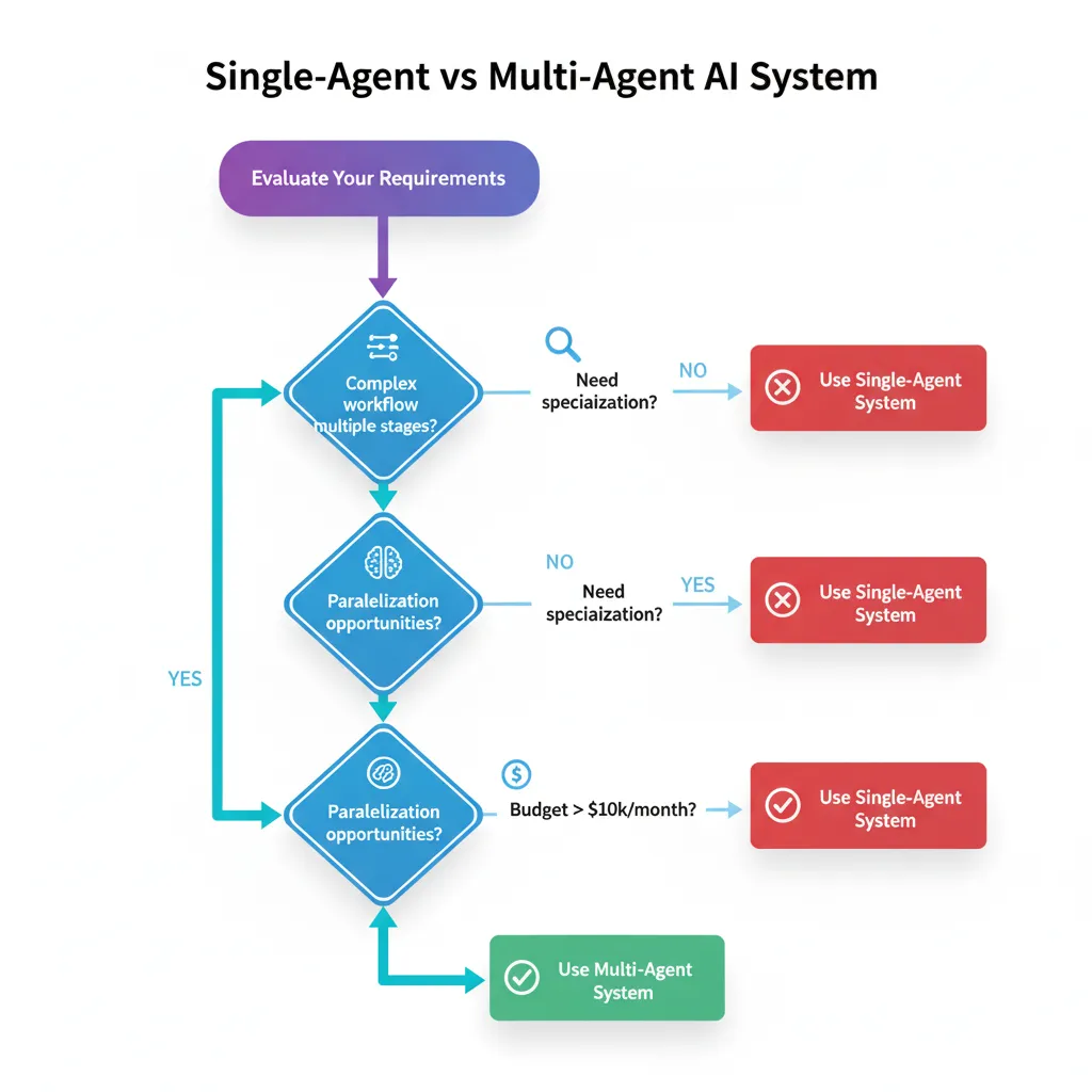 Flowchart decision framework mostrando árbol de decisión para elegir single-agent vs multi-agent basado en complejidad workflow, necesidades paralelización, presupuesto disponible y requisitos especialización
