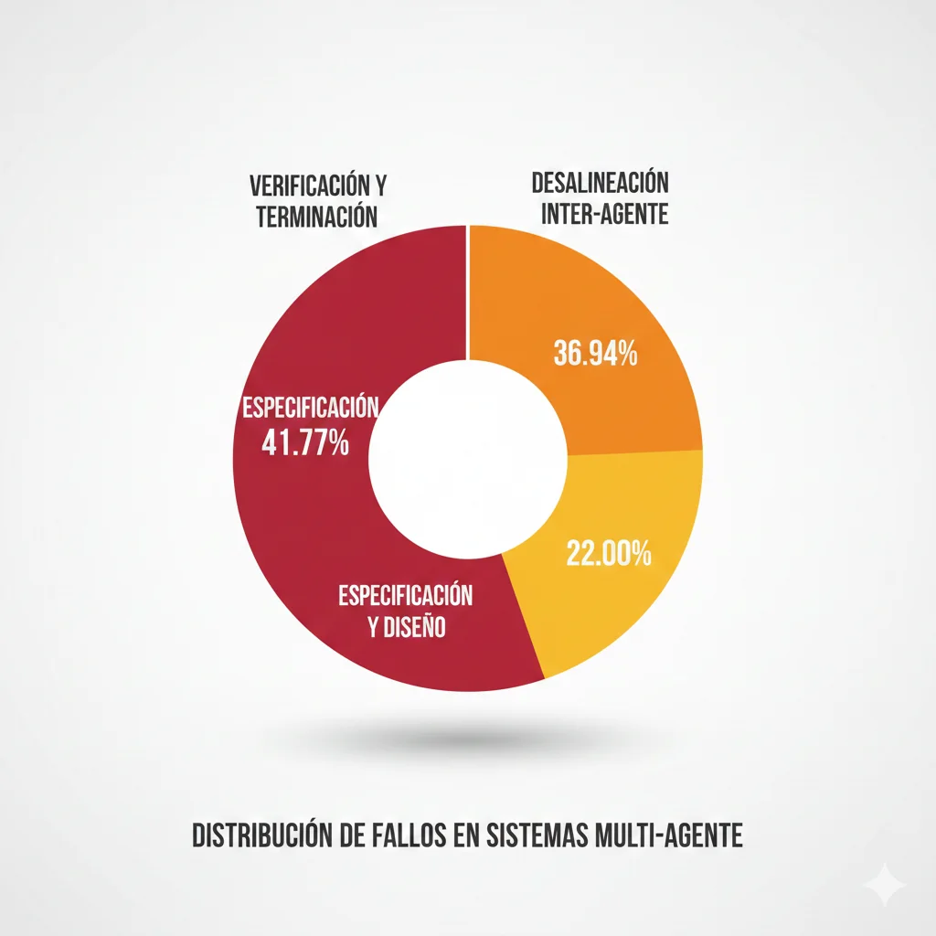 Taxonomía de fallos en sistemas multi-agente LLM mostrando distribución de problemas de especificación 41%, coordinación inter-agente 37%, y verificación 22%