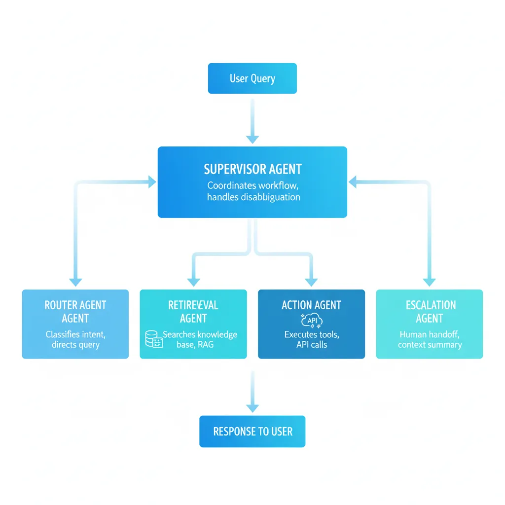 Diagrama arquitectura multi-agent hierarchical para customer service con LangGraph. Supervisor agent coordina router, retrieval, action y escalation agents. Flujo muestra user query entrando, supervisor orquestando, y response saliendo.