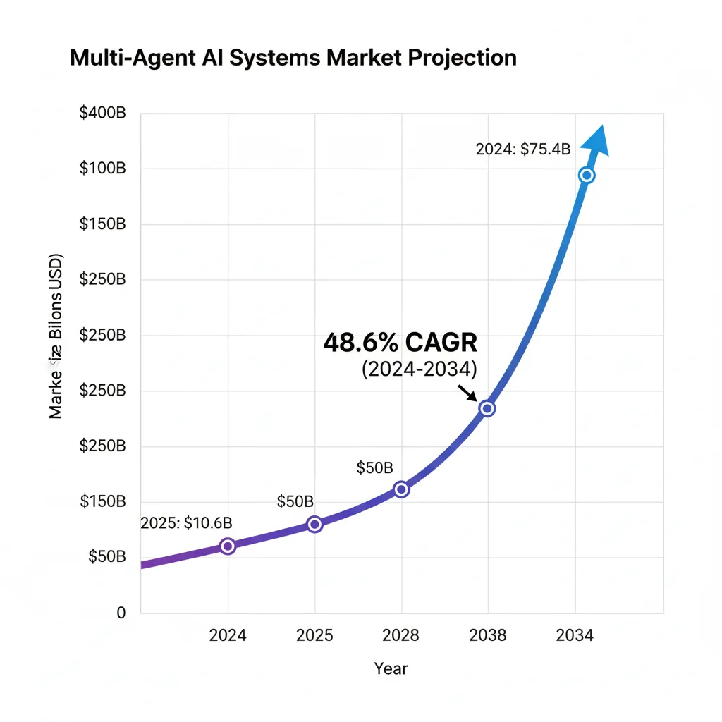 Gráfico crecimiento mercado Multi-Agent AI Systems mostrando proyección desde $7.2B en 2024 hasta $375.4B en 2034 con curva ascendente pronunciada y CAGR 48.6% anotado con hitos clave en 2025 2028 2034