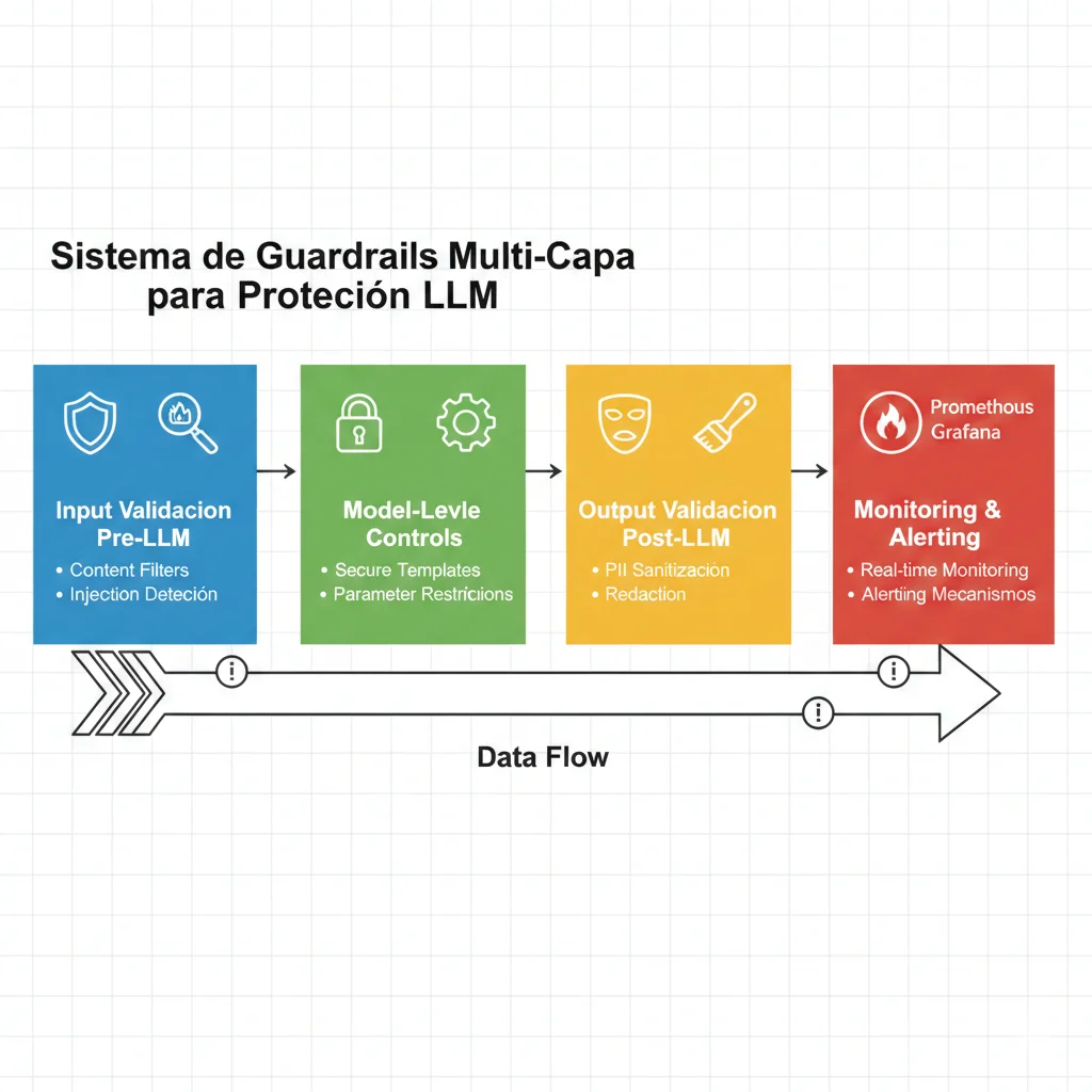 Diagrama de arquitectura multi-layer guardrails mostrando flujo de request: input validation → retrieval guardrails → generation monitoring → output validation con ejemplos de herramientas en cada capa