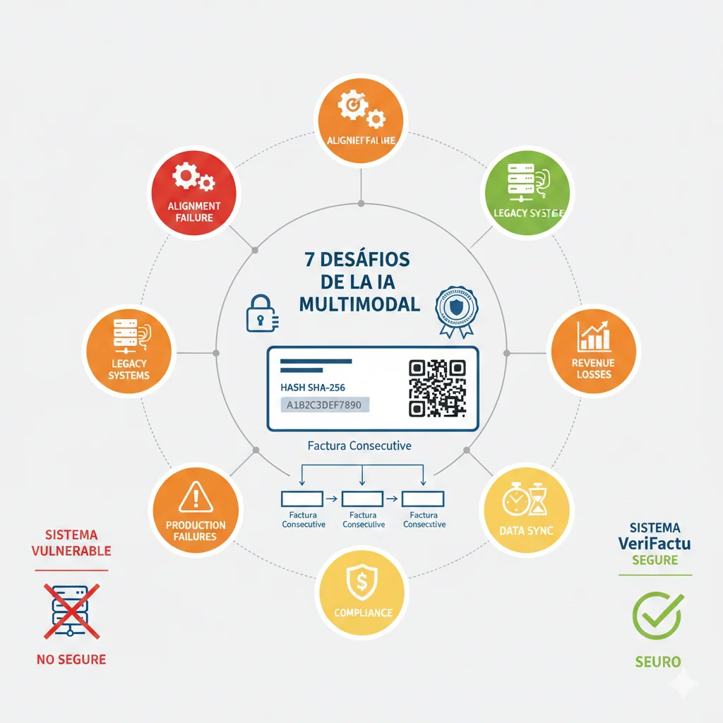 Infografía mostrando los 7 desafíos principales de multimodal AI: alignment, legacy systems, costes, revenue losses, production failures, data sync y compliance