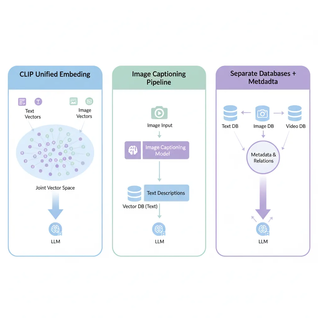 Diagrama comparando tres enfoques multimodal RAG: unified embedding space con CLIP, grounding visual to text descriptions, y separate modality-specific stores con cross-modal search