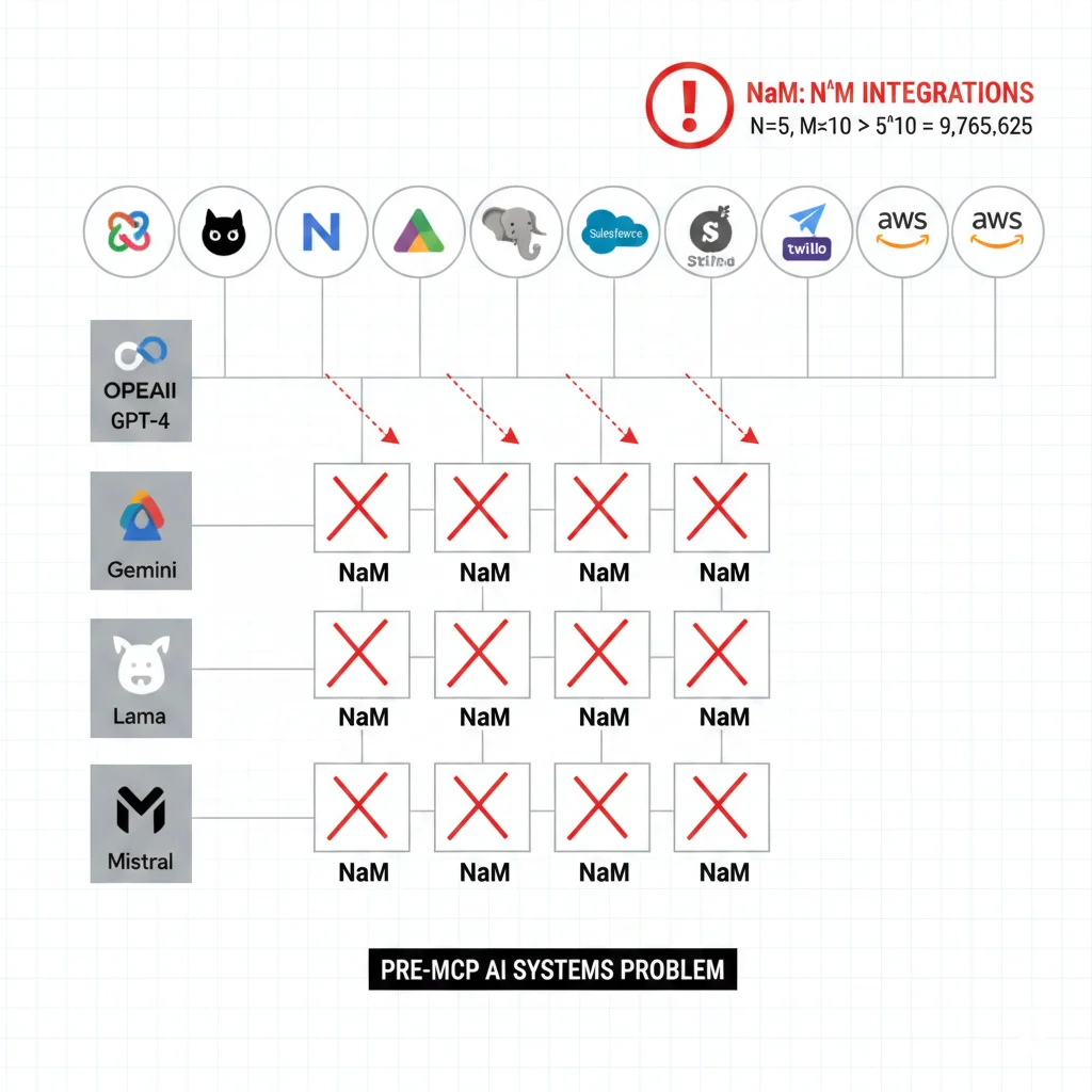 Diagrama problema N×M mostrando 5 modelos IA conectados a 10 servicios externos con líneas cruzadas caóticas (50 conexiones custom) versus 5 modelos + 10 servicios conectados a MCP central con líneas limpias (15 conexiones estandarizadas)