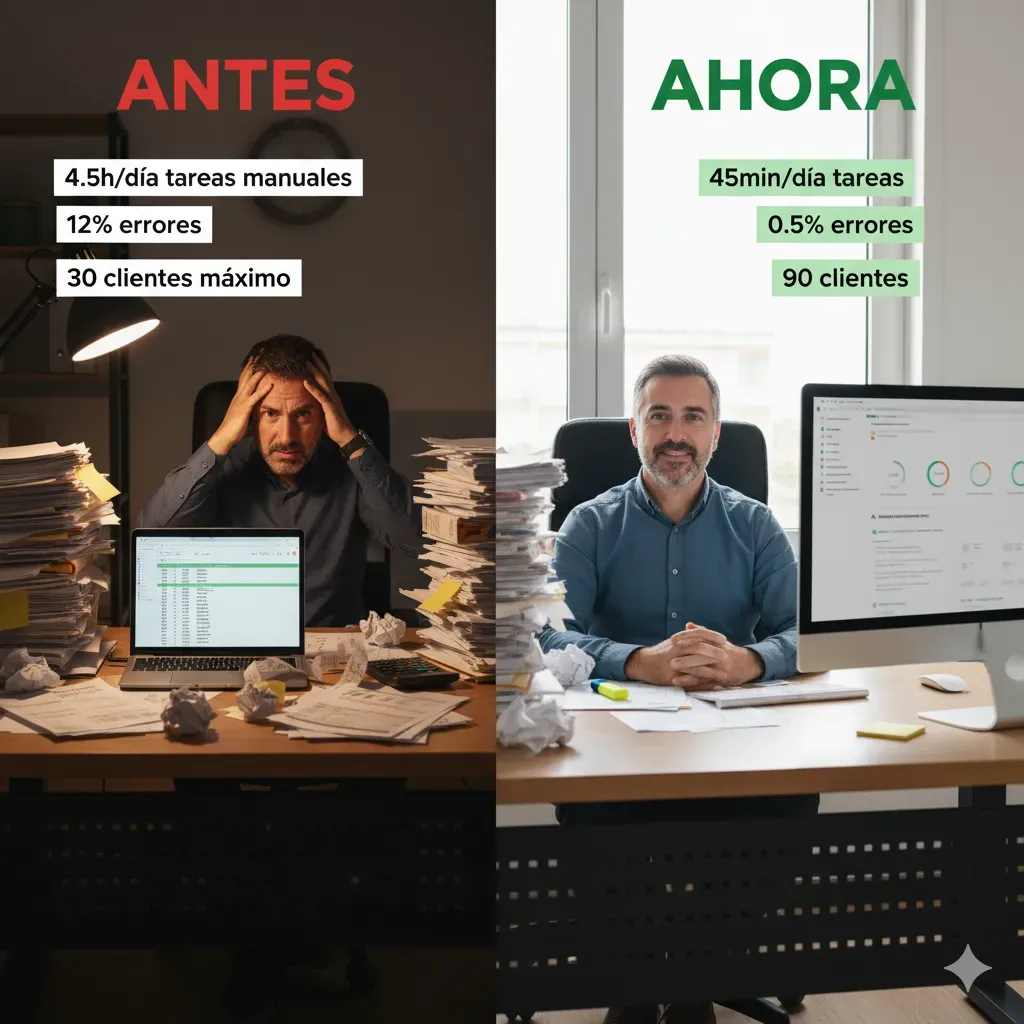 Before/after comparison: manual manager with paper stacks vs manager with modern dashboard, improvement metrics 99.5% accuracy, -85% time, 3x capacity