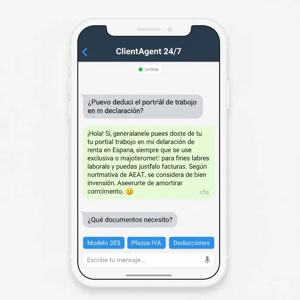 ClientAgent WhatsApp-style chat interface - AI conversation responding to Spanish tax query with response time under 5 seconds
