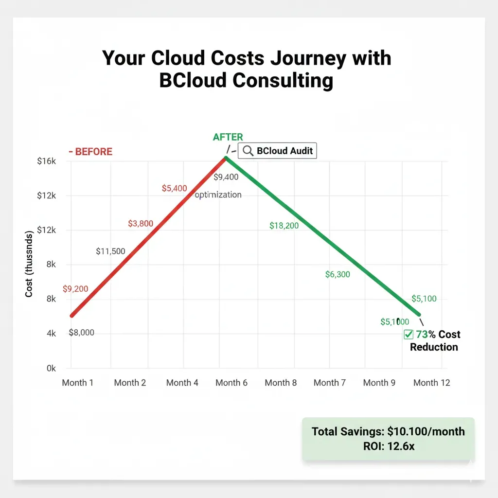Cloud cost trend: $5k→$9k before (red ascending), $9k→$3k after BCloud audit (green descending), 73% savings