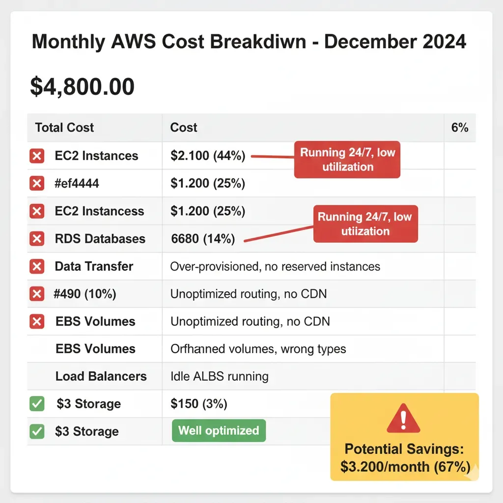 Annotated AWS bill: EC2 $2,100 over-provisioned, RDS $1,200 without reserved instances, Total $4,800 with potential savings