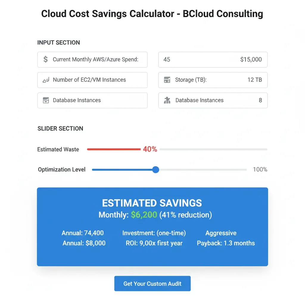 Cloud ROI calculator: Input $15,000 actual spend, Output $6,200/month savings (41%), ROI 9.3x, payback 1.3 months
