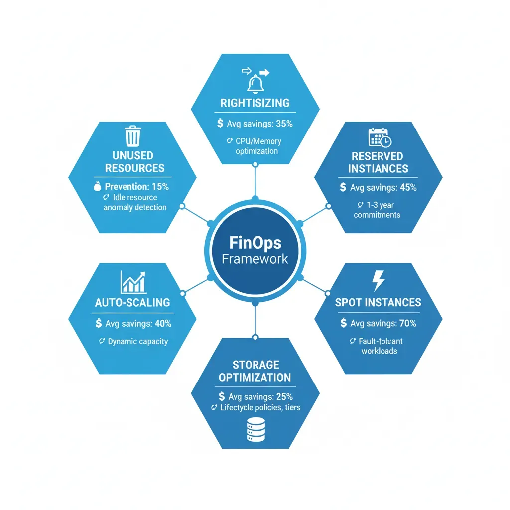 7 FinOps strategies: Rightsizing 35%, Reserved Instances 45%, Spot 70%, Storage 25%, Auto-scaling 40%, Unused 15%, Monitoring