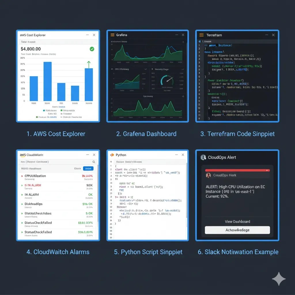 FinOps tools: AWS Cost Explorer, Grafana Dashboard, Terraform code, CloudWatch Alarms, Python scripts, Slack notifications