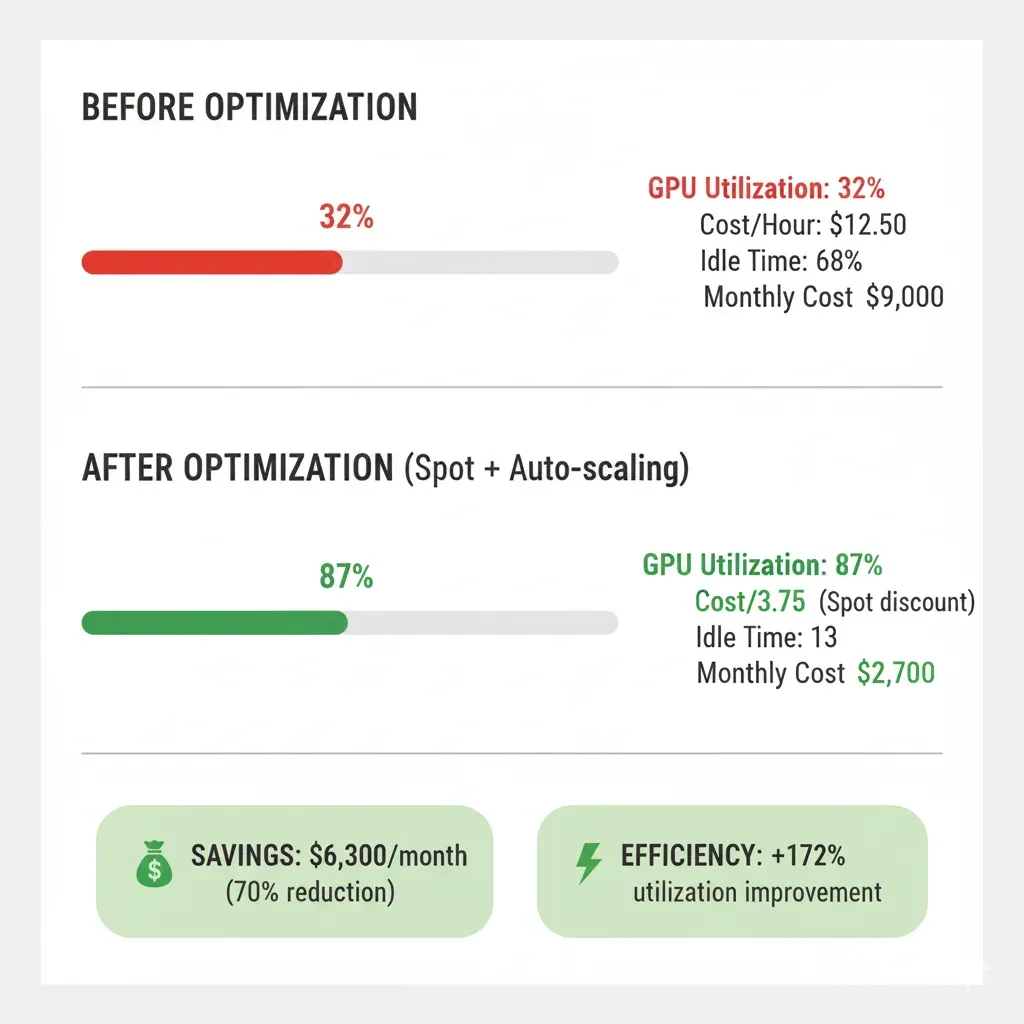 ML Startup GPU optimization: Utilization 32%→87%, cost $9,000→$2,700/month (-70%), efficiency +172%