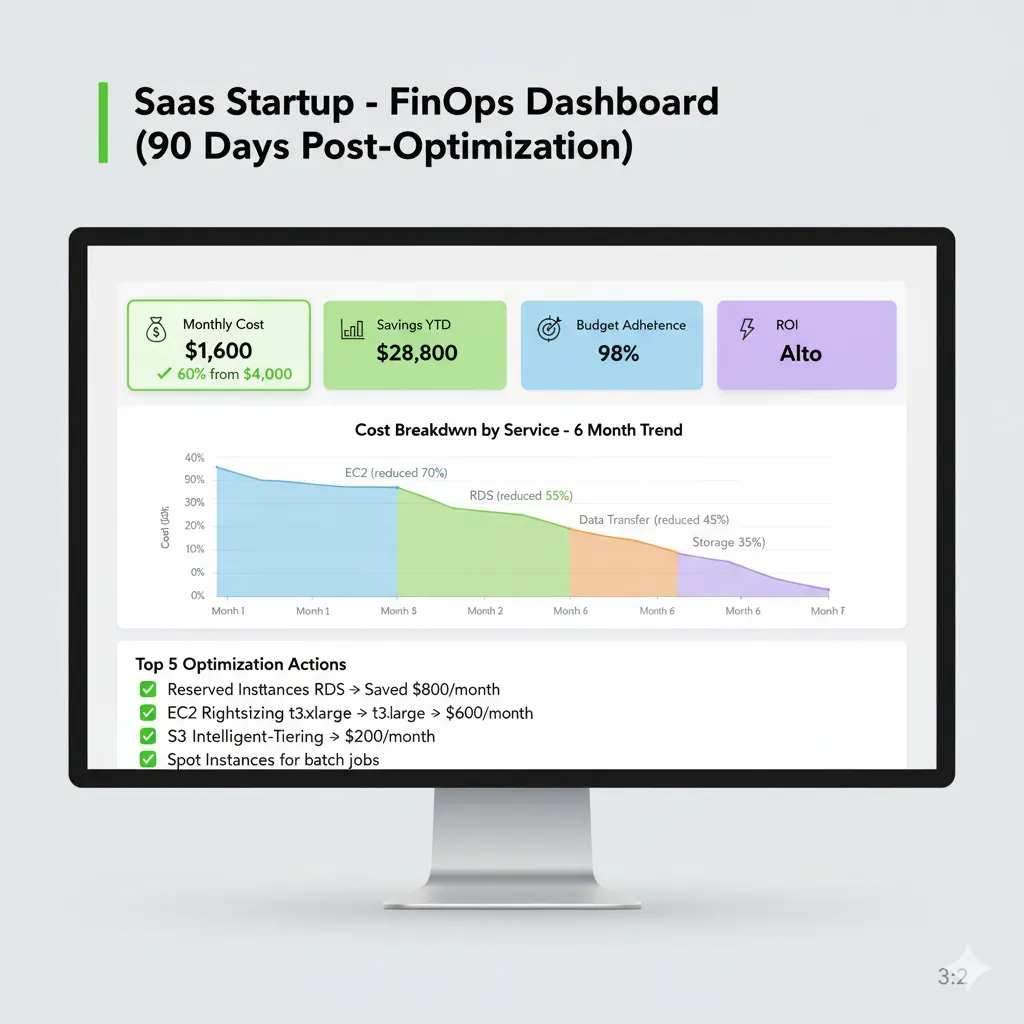 SaaS Startup savings dashboard: Monthly cost $1,600 (-60% from $4k), YTD savings $28,800, high ROI, 98% budget adherence