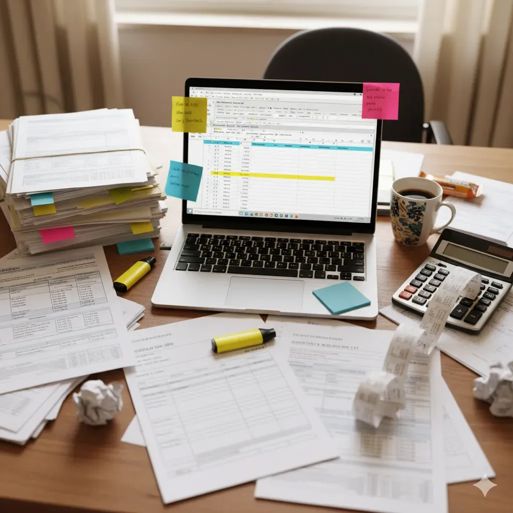 Frustrated manager surrounded by physical invoices, multiple Excel screens, calculator - representing traditional manual administrative office process