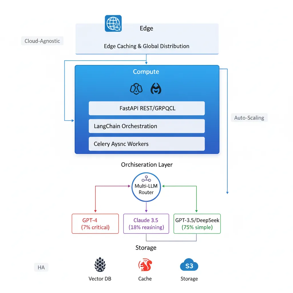 Diagrama detallado de arquitectura microservicios MasterSuiteAI: Python + LangChain + Docker + Kubernetes + Multi-LLM orchestration con GPT-4, Claude, Gemini