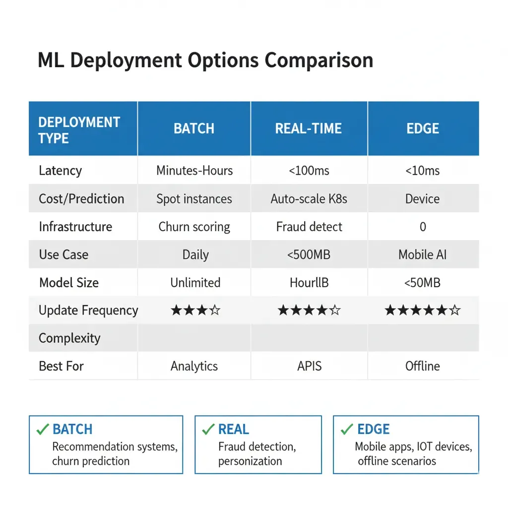 ML deployment comparison: Batch (minutes-hours), Real-time (<100ms), Edge (<10ms) with use cases and complexity