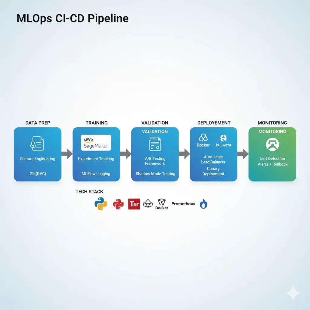 Complete ML CI/CD Pipeline: Data Prep → Training (SageMaker) → Validation → Deployment (Docker+K8s) → Monitoring (Grafana)