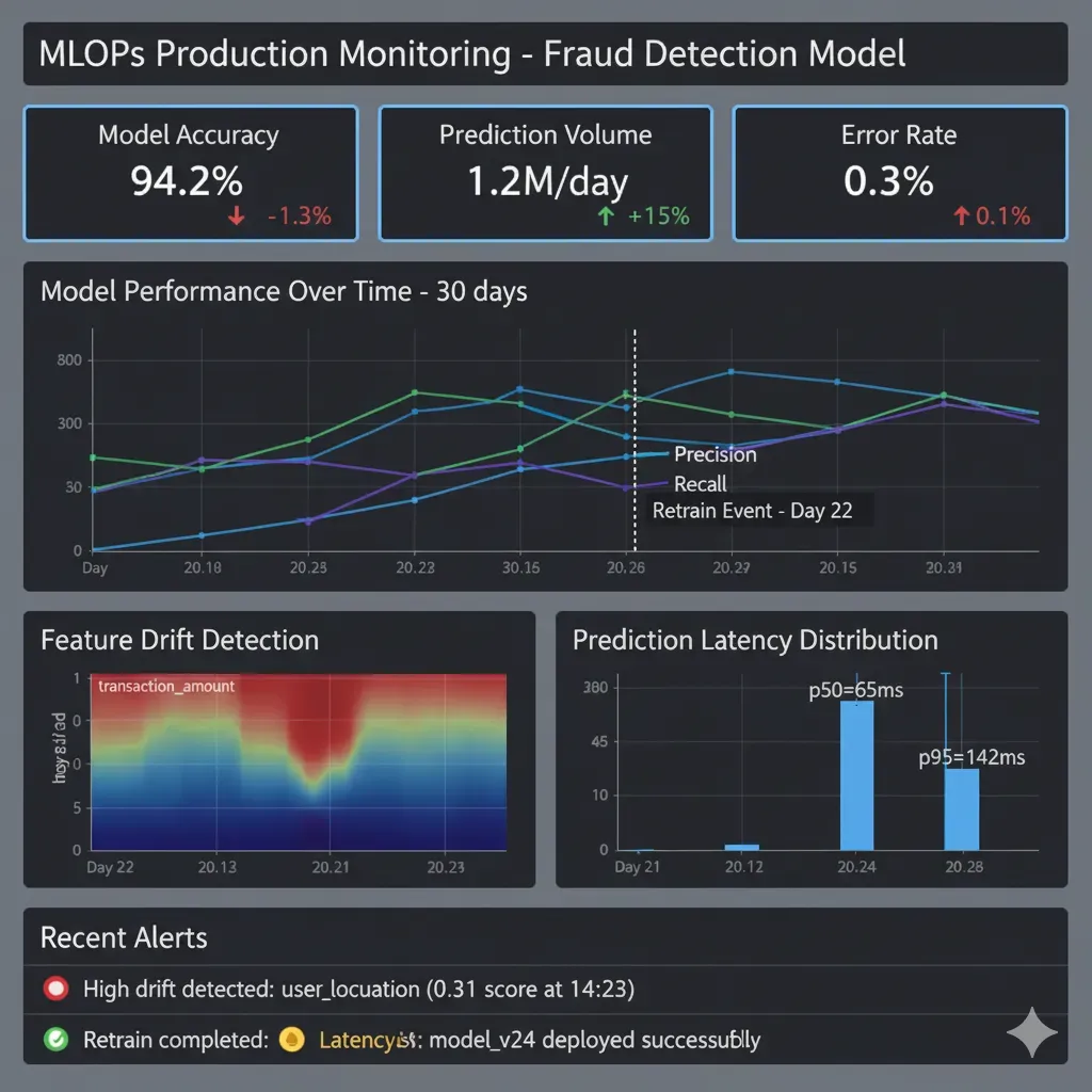 Full Grafana dashboard: Model accuracy/prediction volume/error rate, performance over time, drift detection, latency distribution