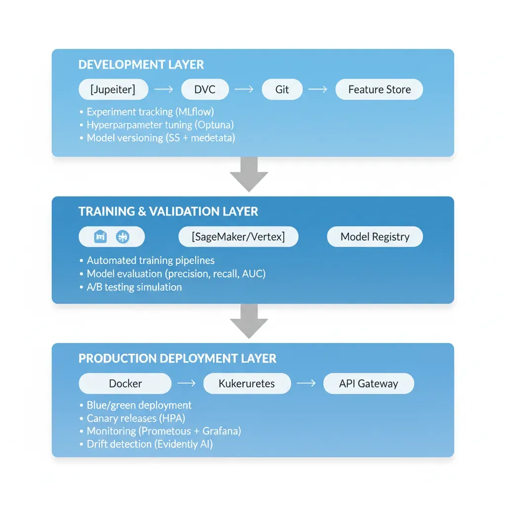MLOps 3-tier architecture: Development (Jupyter+DVC+Git), Training (SageMaker+Model Registry), Production (Docker+K8s+Monitoring)